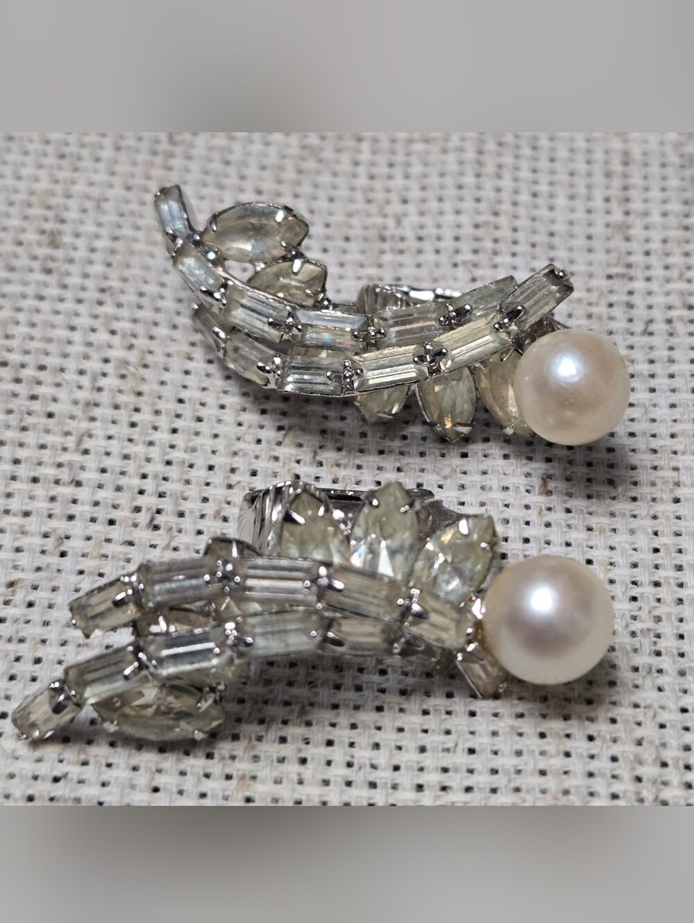 Gorgeous Vintage Faux Pearl Rhinestone Climber Clipon Earrings Bridal